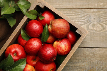 Crate with wet red apples and green leaves on wooden table, top view