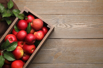 Crate with wet red apples and green leaves on wooden table, flat lay. Space for text