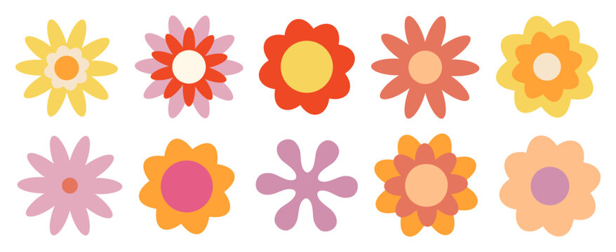 Groovy flowers set. Simple floral collection.