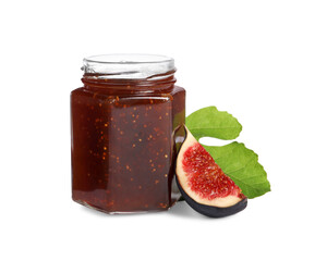 Glass jar with tasty sweet jam, green leaf and fresh fig isolated on white