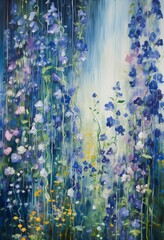 field flowers rain coming down blue delphinium dreamy light thick layers rhythms garden eden wall - obrazy, fototapety, plakaty