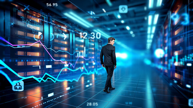 Man in data center room with digital research, analysis hologram. Ai generative