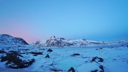 Snow mountain during winter season at Lofoten, Norway, Europe.