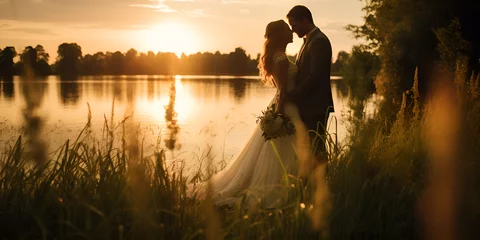Möbelaufkleber Silhouettes of two lovers kissing by the lake, Beautiful bride and groom posing near the lake at sunset Generative Ai  © Hafiz
