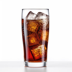 Soda bubbles in a cola with ice in glass, coolness isolated on white background