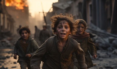 Children running away from a war-torn area. Ai generative