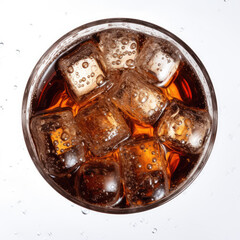Soda bubbles in a cola with ice in glass, coolness isolated on white background