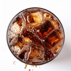 Soda bubbles in a cola with ice in glass, coolness isolated on white background