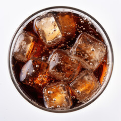 Soda bubbles in a cola with ice in glass, coolness isolated on white background