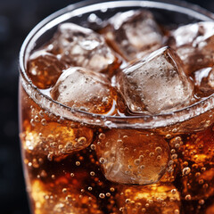 Close-up shot of Soda bubbles in a cola with ice in glass