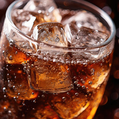 Close-up shot of Soda bubbles in a cola with ice in glass - obrazy, fototapety, plakaty