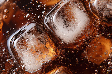 Close-up shot of Soda bubbles in a cola with ice in glass - obrazy, fototapety, plakaty