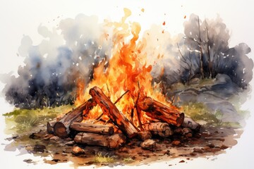Bonfire Watercolor Illustration Embracing the Serenity - obrazy, fototapety, plakaty