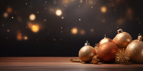 Christmas decoration. christmas blurry background, Christmas tree with golden bauble ornament...