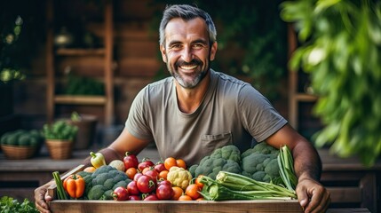 Man holding a box full of fresh vegetables, generative ai