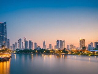Naklejka premium Bangkok cityscape river view at twilight time