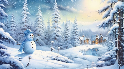 Snowman's world of pure winter enchantment - obrazy, fototapety, plakaty