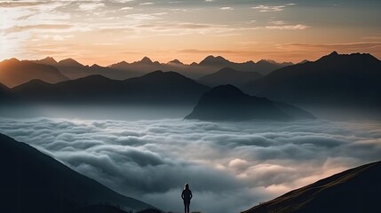 A man standing in the middle of a foggy mountain valley at sunset