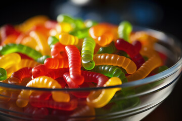 Gummy worms candy in glass bowl, closeup
