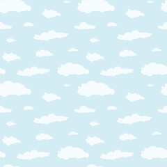 Pattern of clouds on a blue background in hand-drawn style.Seamless texture with white clouds on a blue sky.Vector illustration.