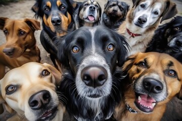Selfie of Group of dogs in a row looking at the camera and laughing. Generative AI.