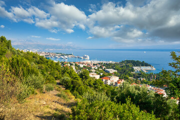 Fototapeta na wymiar Aerial view of Split shore viewed from Marjan Park in Dalmatia, Croatia 