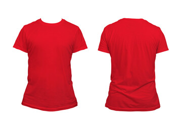 Red casual t-shirt on men's body isolated on white background. Front and back views of red men's t-shirt on white background.