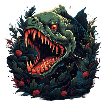 green piranha open mouth surrounded foliage clip art preview