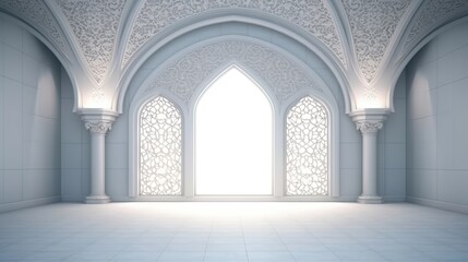 Fototapeta na wymiar White Golden Luxury Palace Mosque Interior with Sunny Windows and Columns.Ai_generative