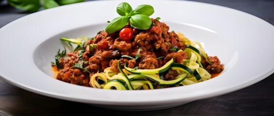 Spaghetti with pesto sauce, pasta Bolognese with mincemeat and zucchini noodles, food background