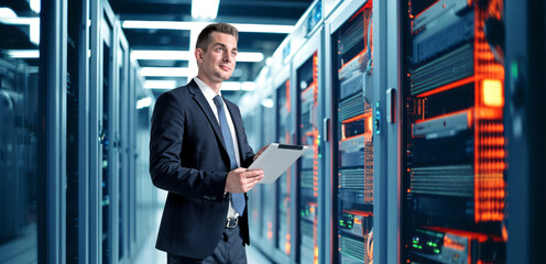 Smiling man using tablet in data center server, computer in racks. Ai generative