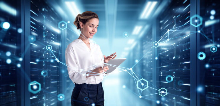 Woman IT specialist with tablet in data center room with computers, network hologram. Ai generative - Powered by Adobe