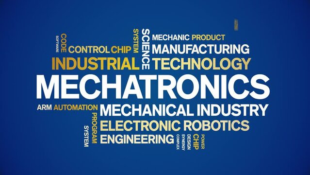 Mechatronics animated tag word cloud;text design animation kinetic typography seamless loop.