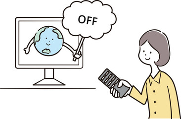 テレビのリモコンを持つ女性と地球のキャラクターのイラスト素材