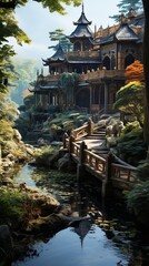 Fototapeta premium Wallpaper of Koi Fish Swimming in a Pond with a Serene Temple in the Background, Generative AI