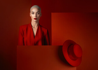 Fashion, portrait and a bald woman on a red background for cosmetics, sexy or vintage aesthetic....
