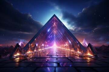 Futuristic triangle tunnel with animated holographic displays, merging technology and art, Generative AI.