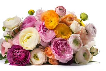 A mixed flower bouquet of pastel roses, ranunculus, and peonies is isolated against a white background. (Generative AI)