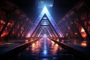 Futuristic triangle tunnel with animated holographic displays, merging technology and art, Generative AI.
