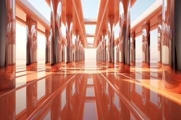 Obraz premium Light corridor with a mirrored floor and ceiling, creating an infinite and futuristic space, Generative AI