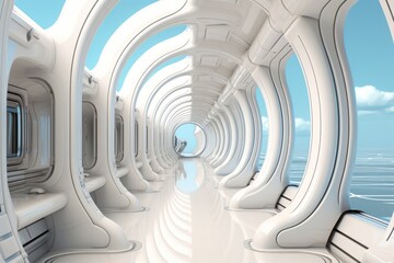 Fototapeta premium Long, sleek white corridor with an infinity mirror effect, producing an otherworldly and futuristic look, Generative AI