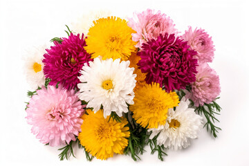 A mixed-color flower bouquet of daisies and carnations with a white background. (Generative AI)