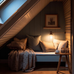 secret attic reading nook with soft lamp lighting
