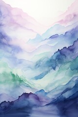 Mountain Range Painting with Sky in Background in Shades of Purple and Green. A painting of a mountain range with a sky in the background