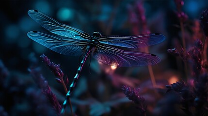 Dragonfly on flower in the garden at night. Macro photography. blue and purple light. Generative AI.