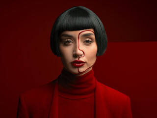 Woman, beauty and art in portrait, red aesthetic with fashion and art deco, makeup and shine...