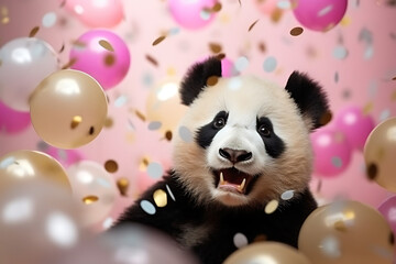 portrait of a funny panda animal in a festive room celebrating his birthday at party with balloons...
