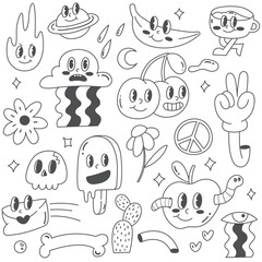 Set of Retro Cartoon Character Doodle Line Art