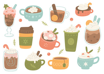 Set of Christmas Drinks Doodle in Flat Style Illustration
