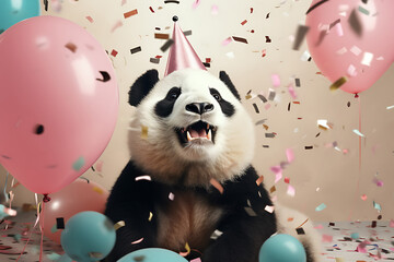 portrait of a funny panda animal in a festive hat celebrating his birthday at party with balloons and confetti